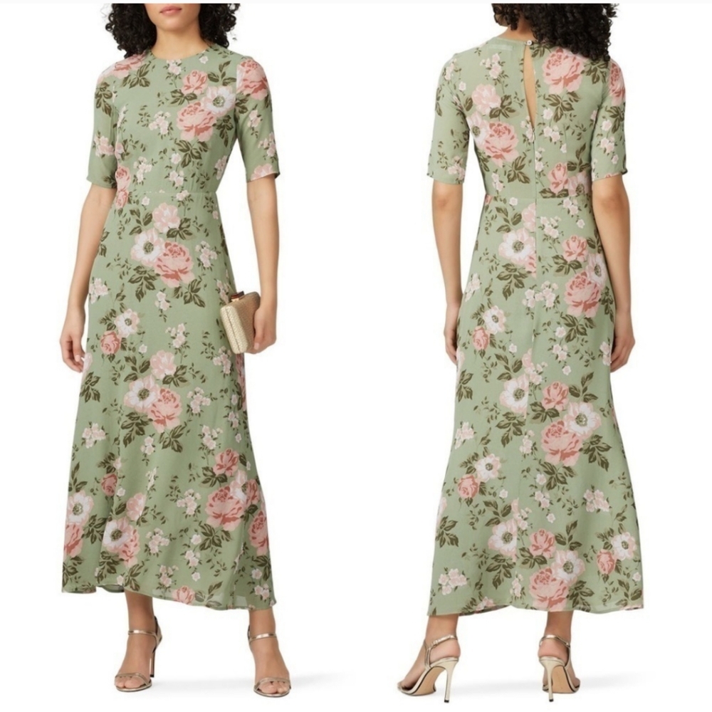 REFORMATION Sage Green Vintage Floral Crepe Short Sleeve Midi Sheath Dress 0